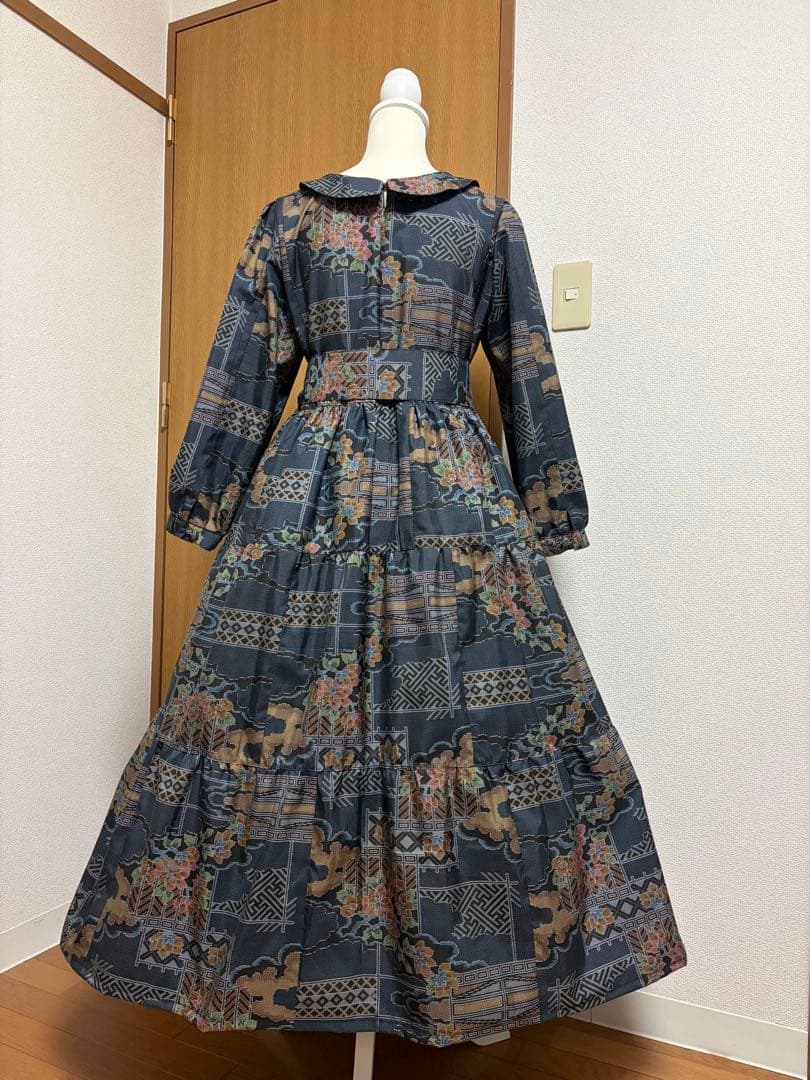 着物リメイク♪ 大島紬　3段ティアードワンピース　花模様　裏地付き　ＭーＬ