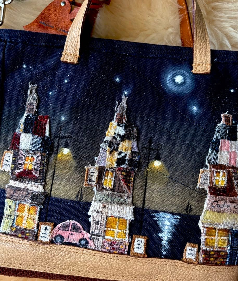 (手づくり)\"海の見える街\"ショルダートートバッグ刺繍アップリケ