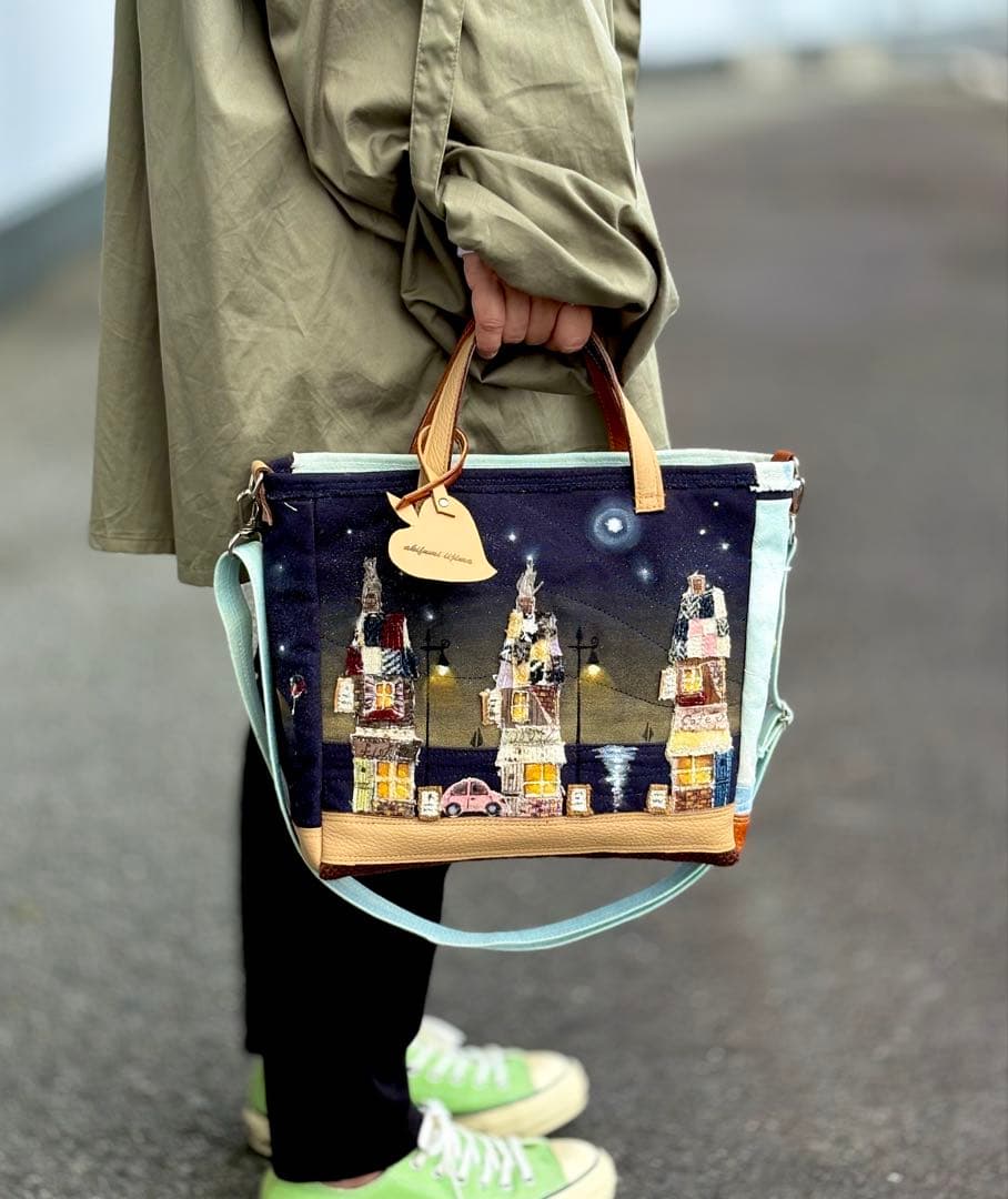 (手づくり)\"海の見える街\"ショルダートートバッグ刺繍アップリケ