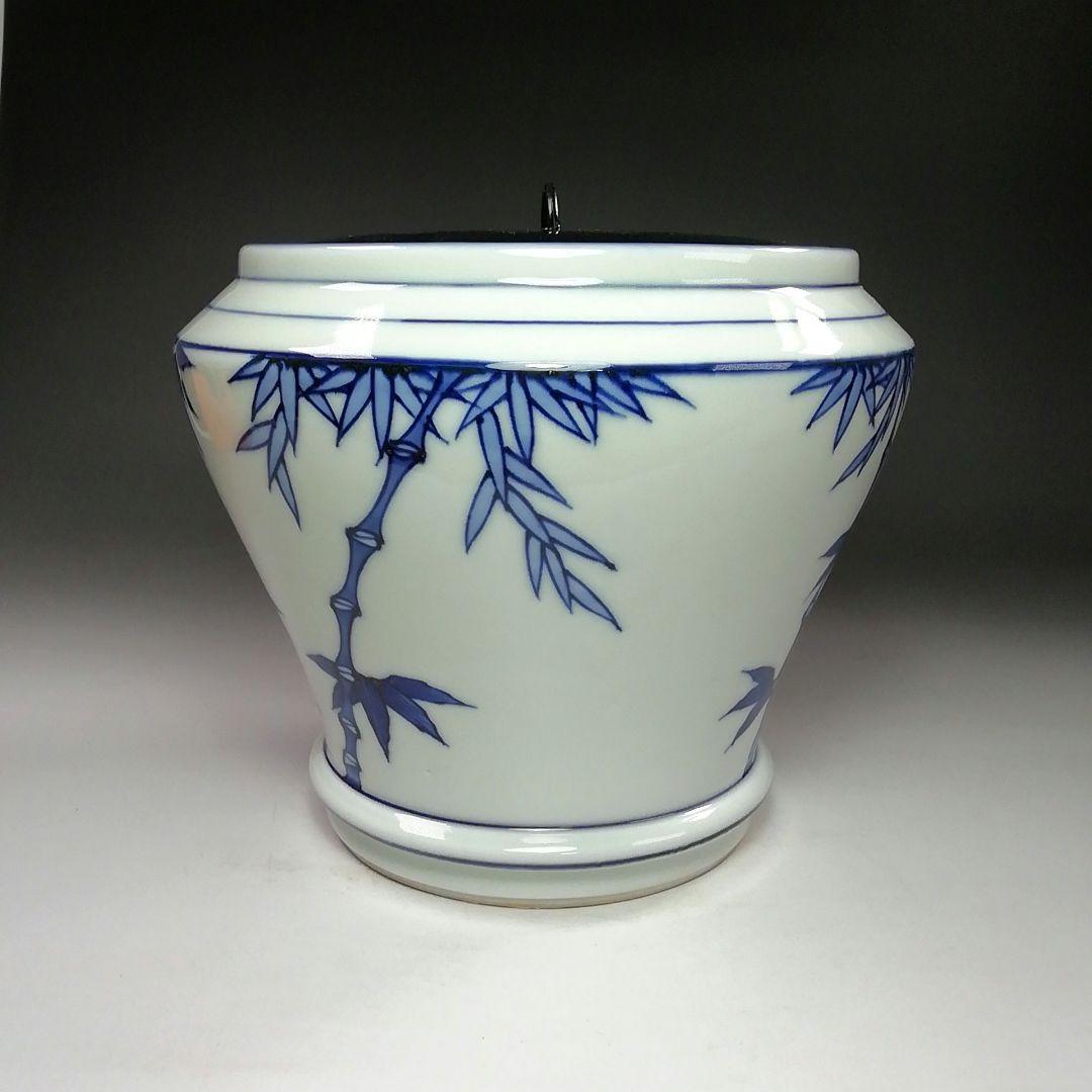 Ｓ８０４　水指　『染付　竹繪　水指』『平安　静山造』　共箱　茶道具