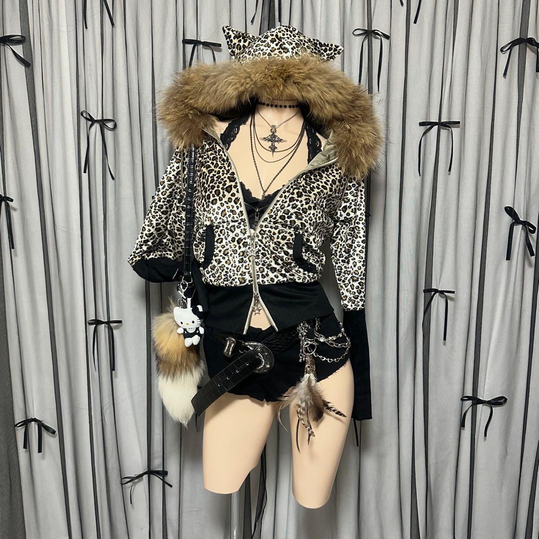 【激レア】平成ギャル y2k　JSG リアルファー付き猫耳ヒョウ柄パーカー