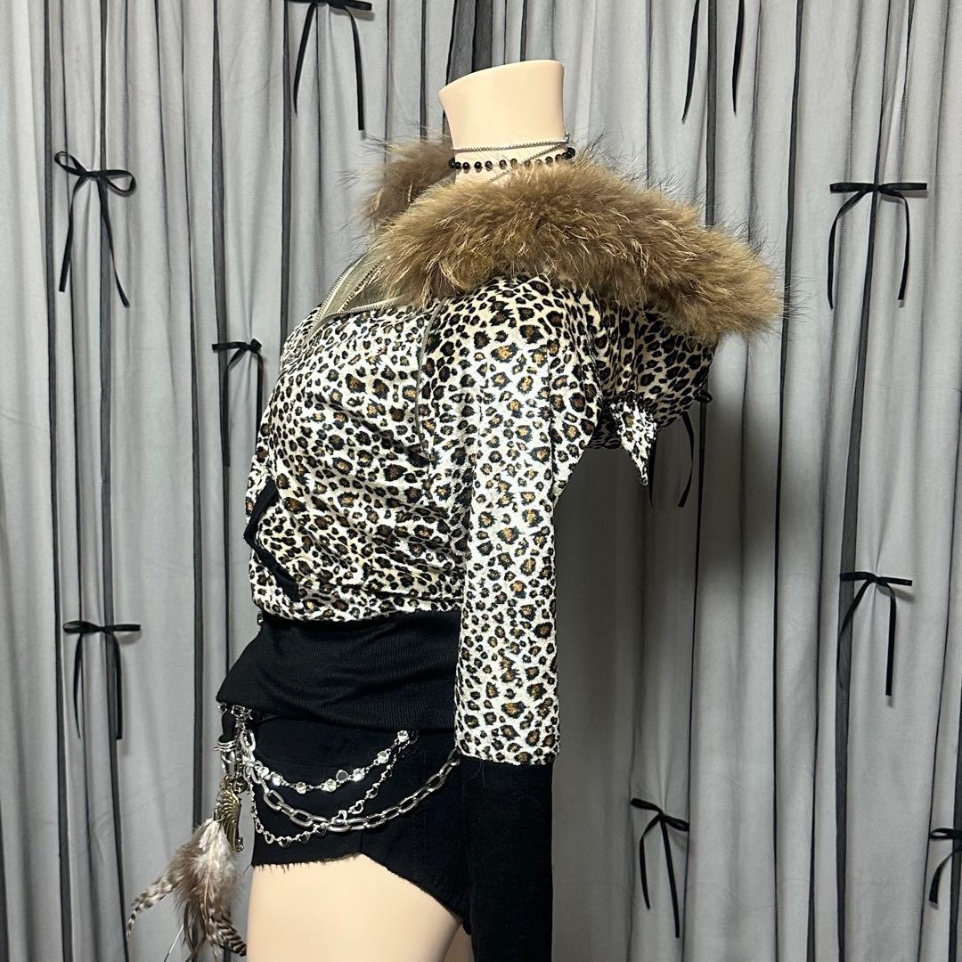 【激レア】平成ギャル y2k　JSG リアルファー付き猫耳ヒョウ柄パーカー