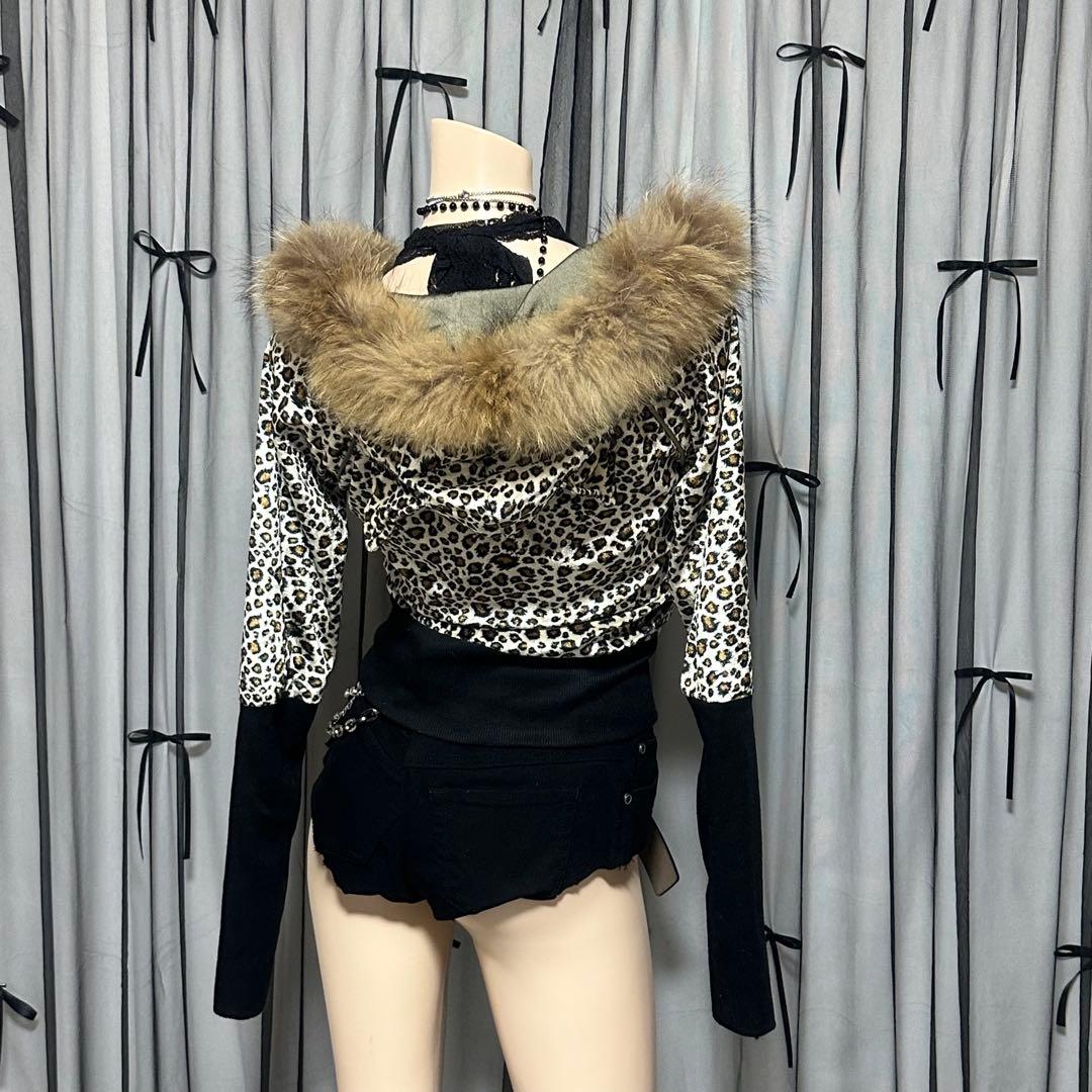 【激レア】平成ギャル y2k　JSG リアルファー付き猫耳ヒョウ柄パーカー