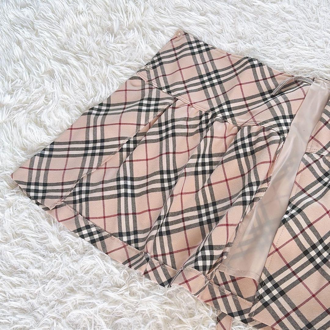 【バーバリーブルーレーベル】リボンベルトラップフレアスカート ノバチェック 36