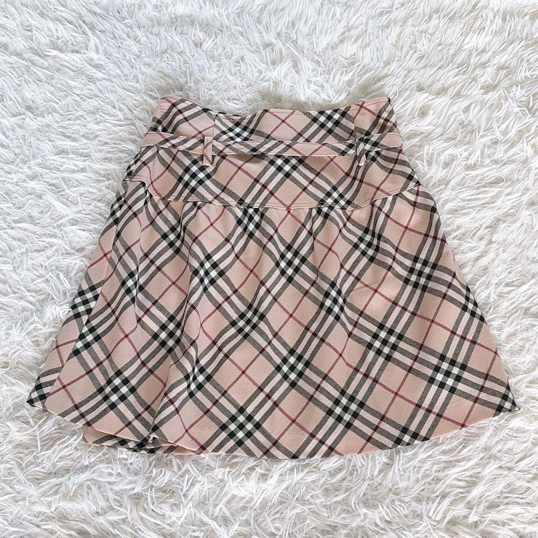 【バーバリーブルーレーベル】リボンベルトラップフレアスカート ノバチェック 36