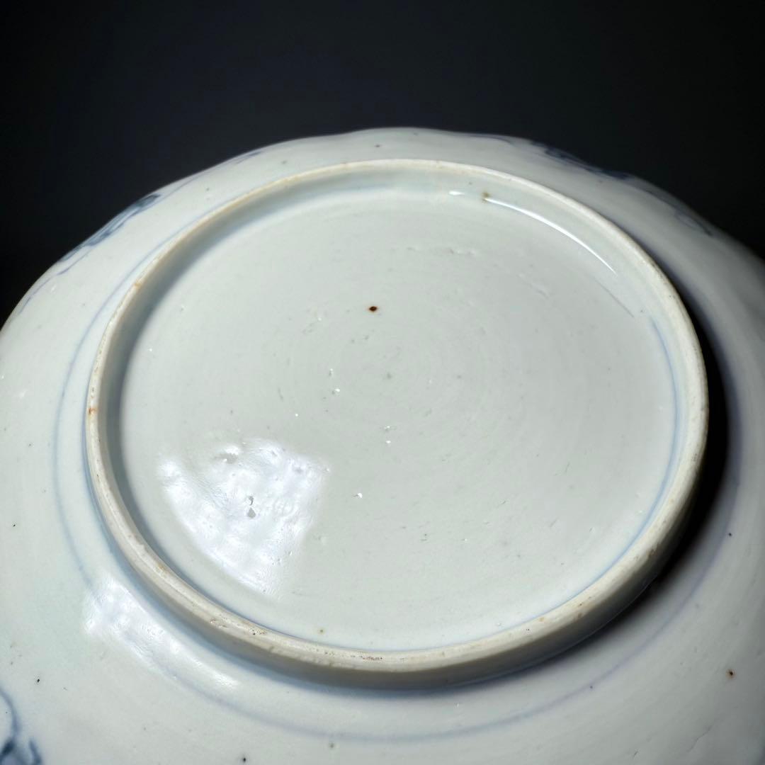 古伊万里　色絵花鳥図輪花形七寸皿　松竹梅　裏巻物文様　江戸期　金蘭手　最後の四枚