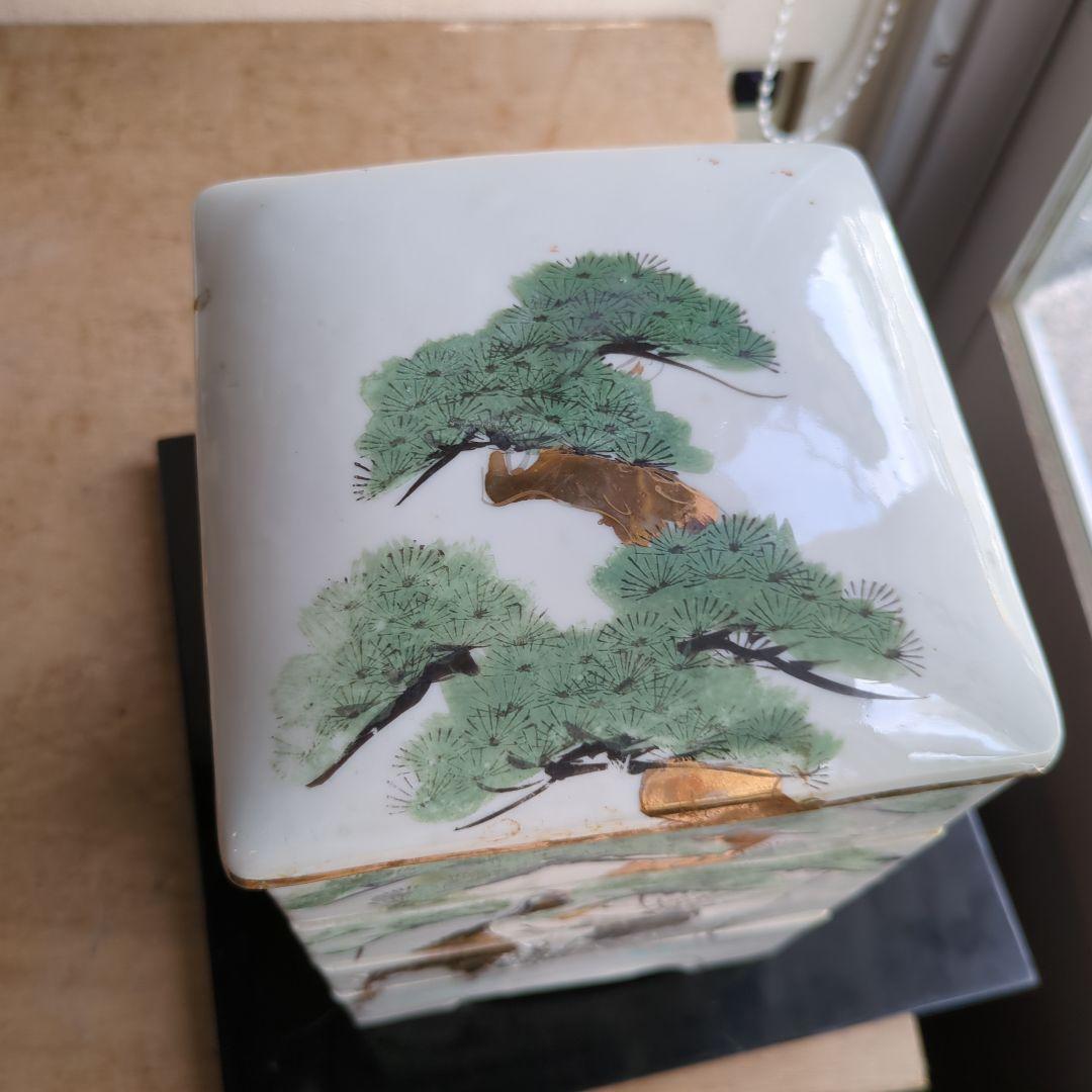 骨董 段重 松に鶴 4段重箱 陶器 金彩 物入る 菓子器 アンティーク