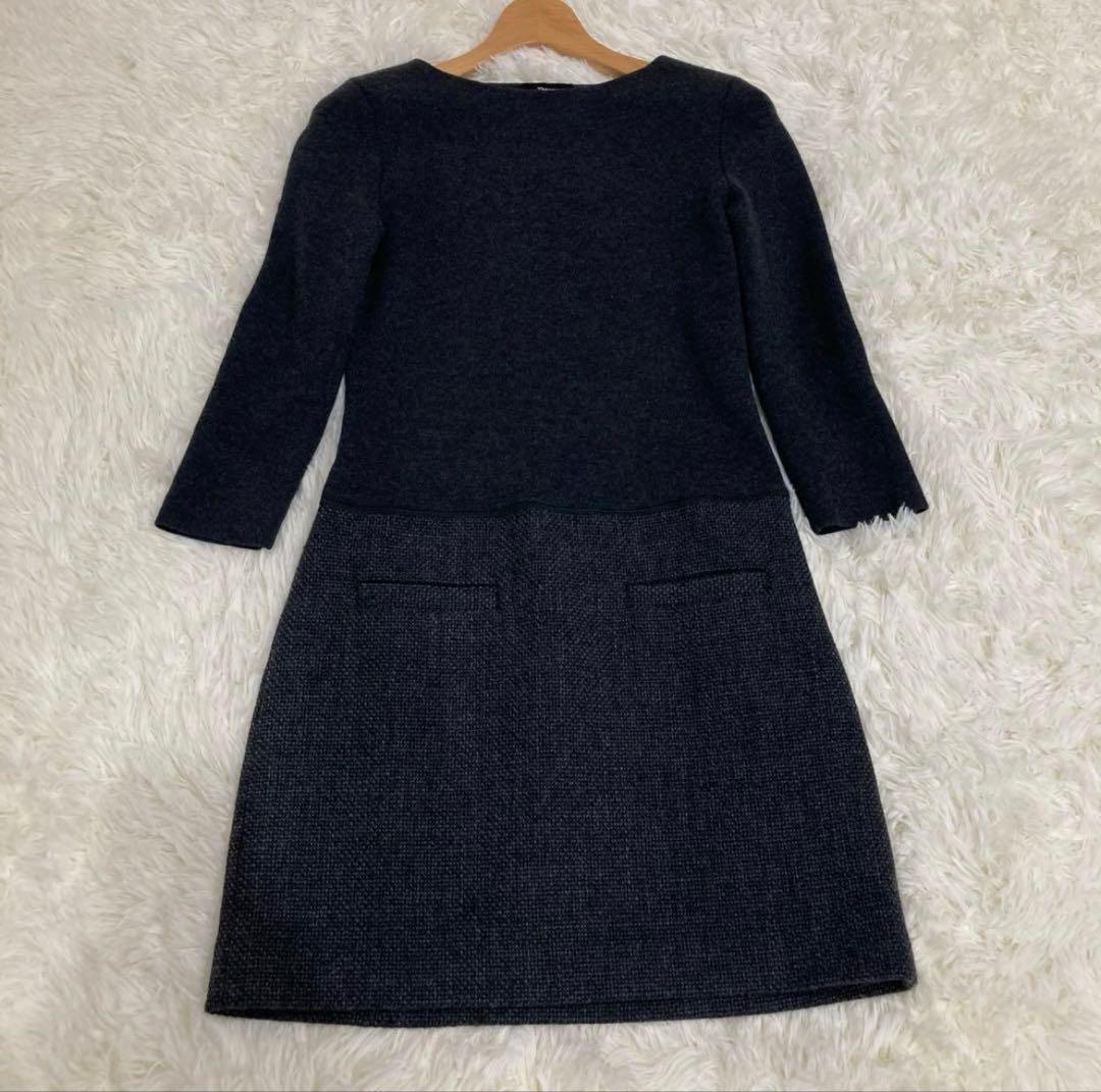 Theory セオリー スリムツイードワンピース 切り替え ツイード グレー 0