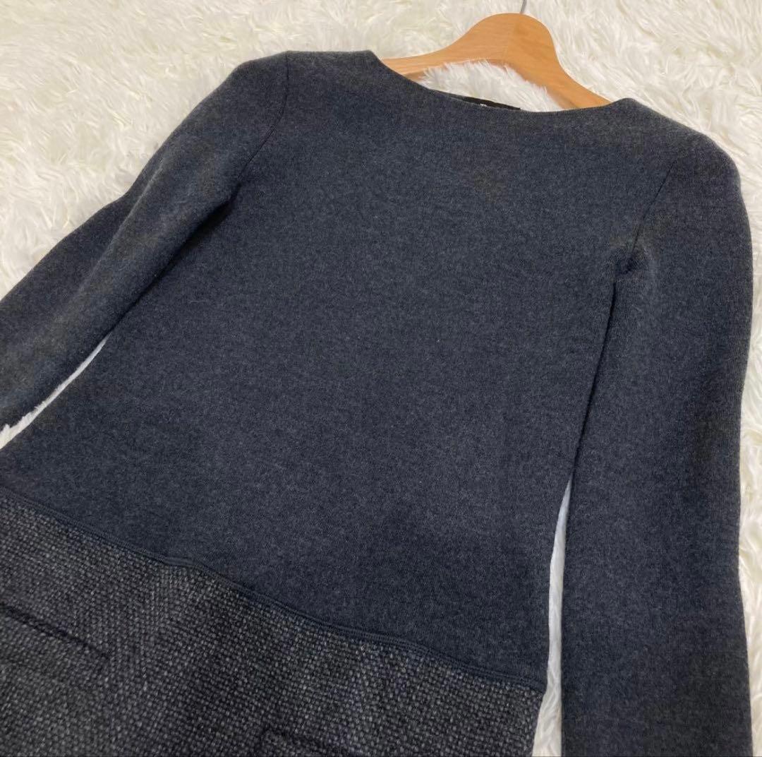 Theory セオリー スリムツイードワンピース 切り替え ツイード グレー 0