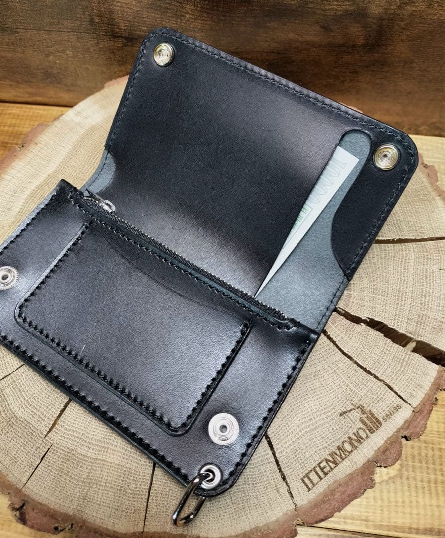 栃木レザー　札ポケット付きミドルトラッカーウォレット3層　黒　ハンドメイド