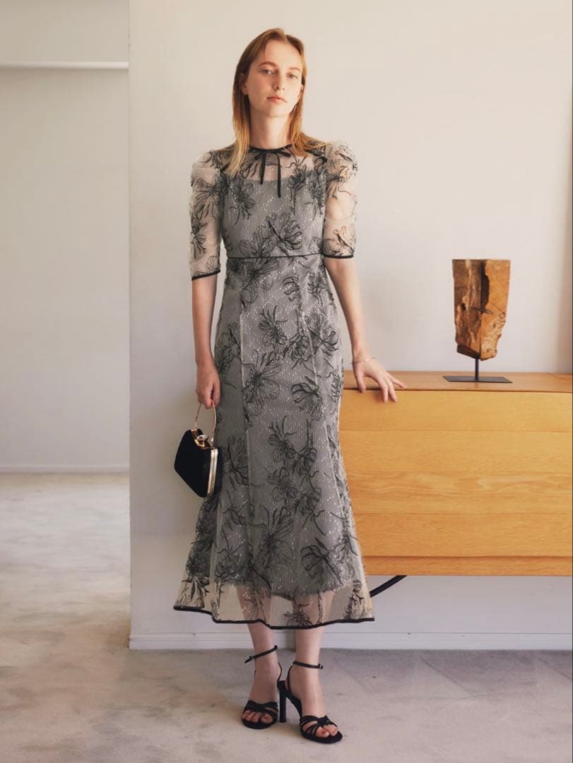 花柄リボンパフスリーブマーメイドワンピースドレス結婚式パーティー二次会成人式