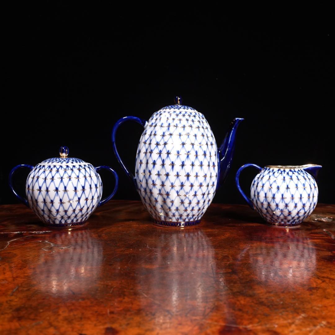 ロモノーソフ LOMONOSOV ソ連時代 コバルトネット トリオ ポットセット