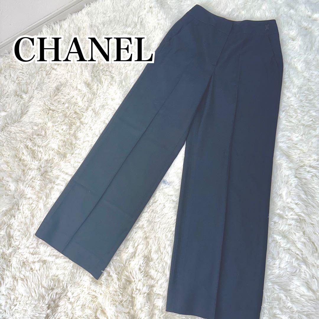【極美品】CHANEL シャネル　センタープレス　ワイドパンツ　黒　36