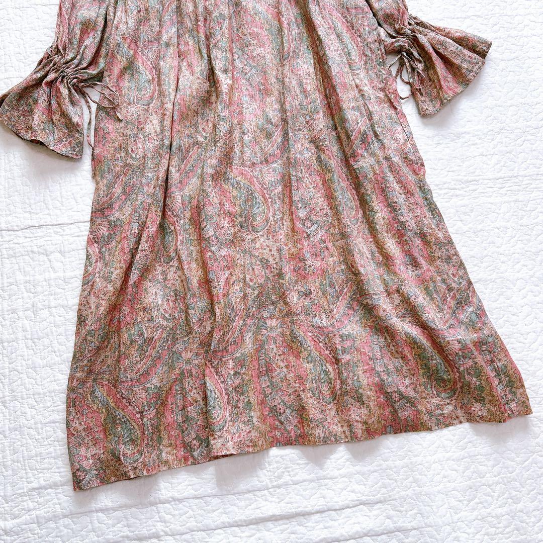 イチ ichi リネン100 ワンピース ペイズリー柄 フリル リボン ゆったり