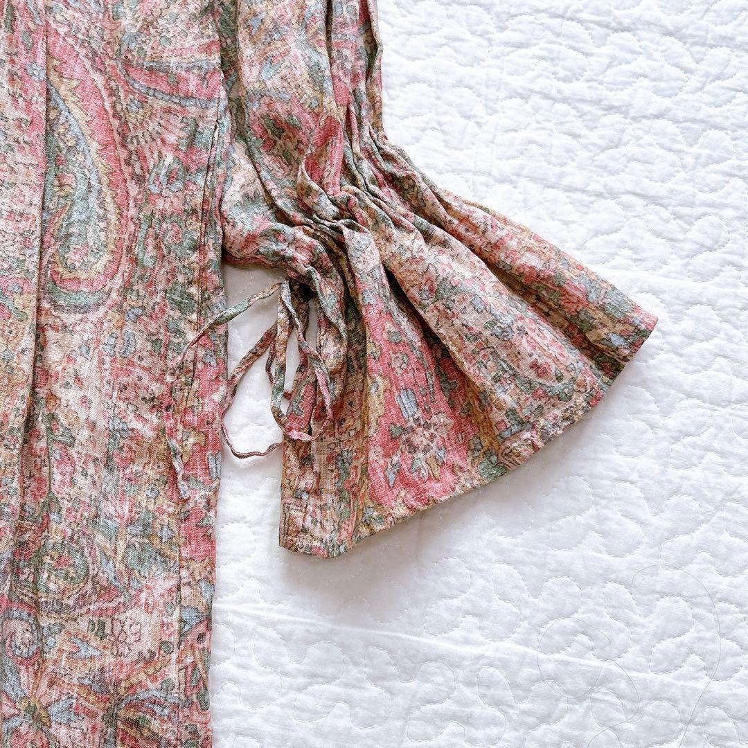 イチ ichi リネン100 ワンピース ペイズリー柄 フリル リボン ゆったり