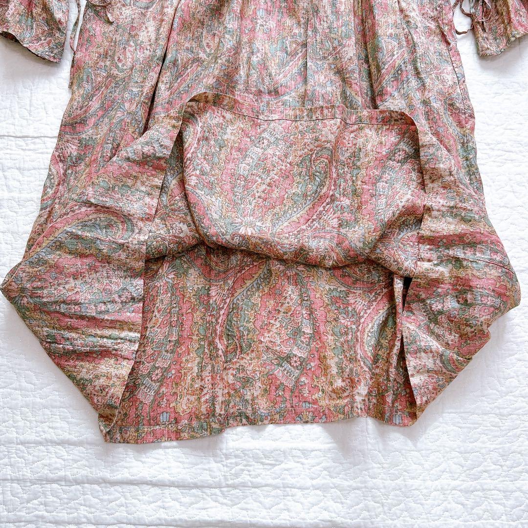 イチ ichi リネン100 ワンピース ペイズリー柄 フリル リボン ゆったり