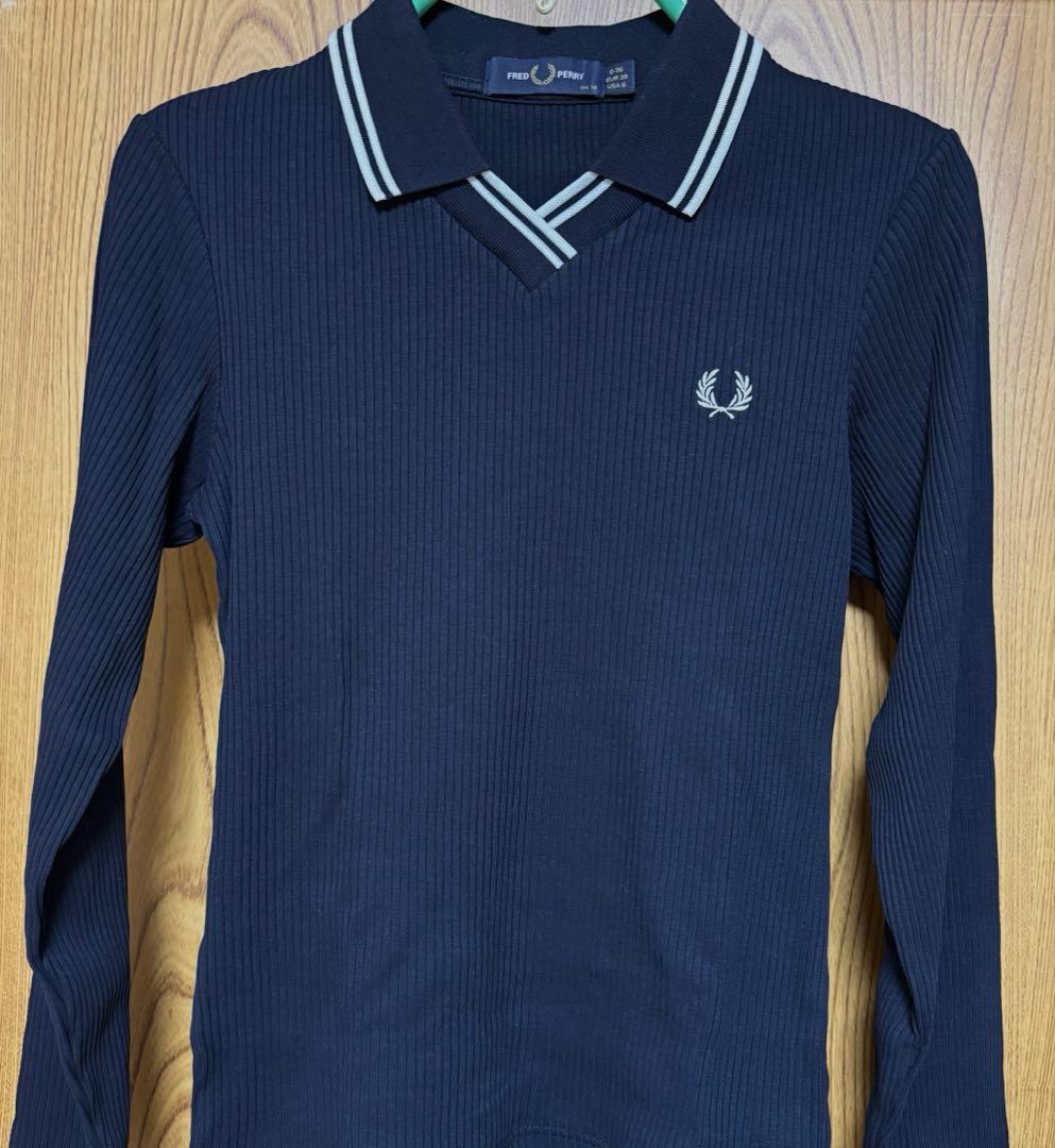 FRED PERRY 長袖 ネイビー ストレッチリブポロシャツ