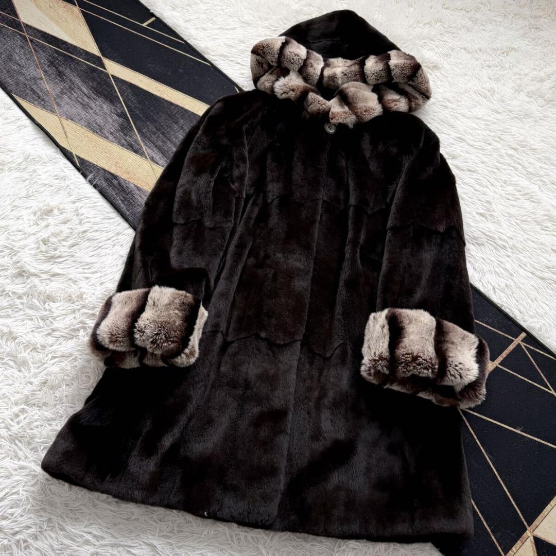 着丈89/激レアデザイン◎ ティアード/フード ロング ファーコート 毛皮 XL