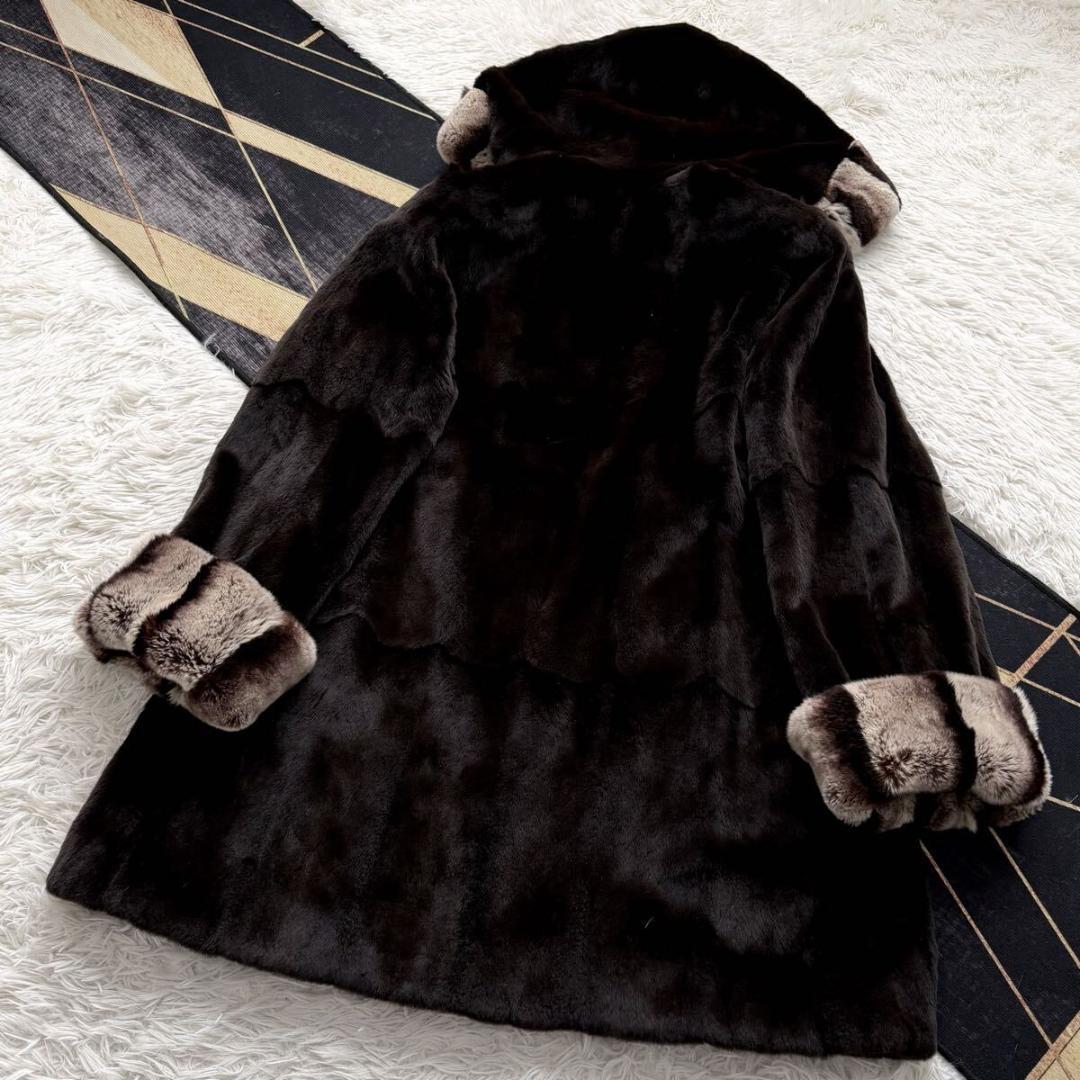 着丈89/激レアデザイン◎ ティアード/フード ロング ファーコート 毛皮 XL