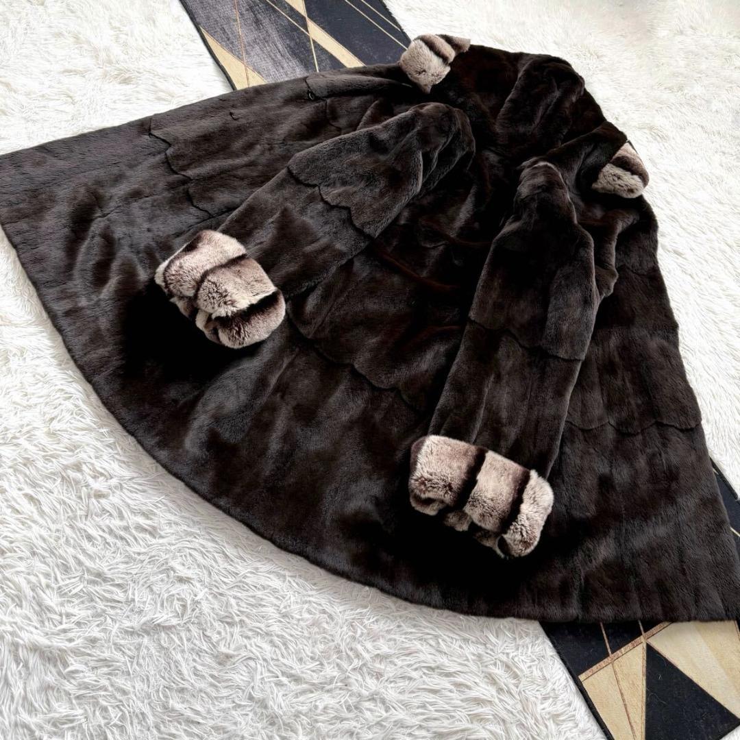 着丈89/激レアデザイン◎ ティアード/フード ロング ファーコート 毛皮 XL