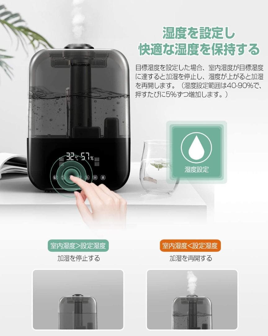 【新品】加湿器 超音波式 4.5L超大容量 20畳 タッチパネル式 LED 黒