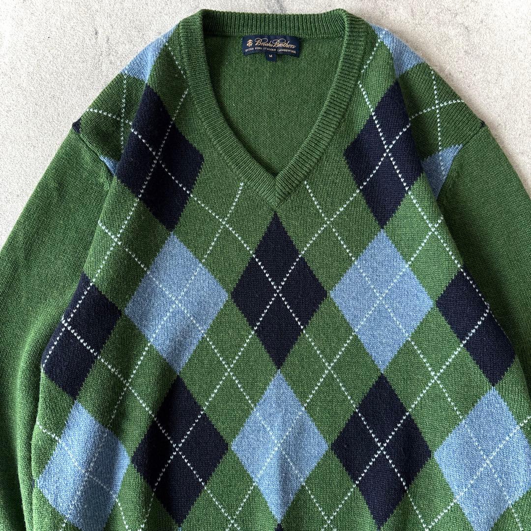 美品 ブルックスブラザーズ イタリアンラムウール Vネック アーガイルニット 緑