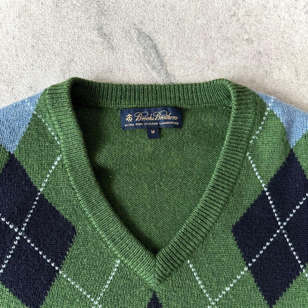 美品 ブルックスブラザーズ イタリアンラムウール Vネック アーガイルニット 緑