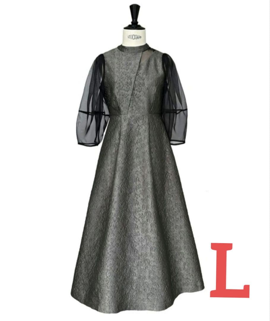 【新品】シアーランタンスリーブふくれジャカードドレス パーティドレスLサイズ