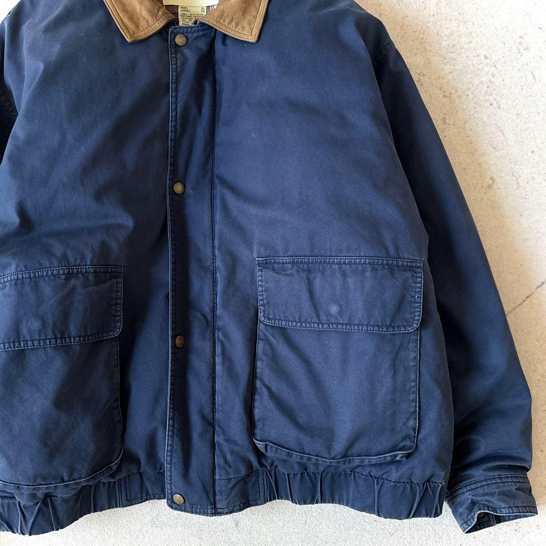 90s エディーバウアー XL 襟レザー 短丈フィールド ダウンジャケット 青_