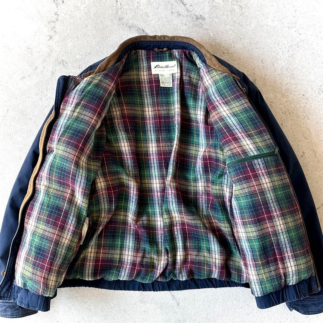 90s エディーバウアー XL 襟レザー 短丈フィールド ダウンジャケット 青_