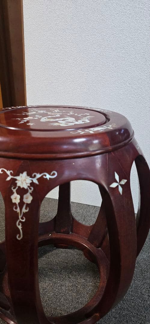 【美品】花梨 無垢 螺鈿細工スツール/椅子 飾り台/花台　太鼓型椅子