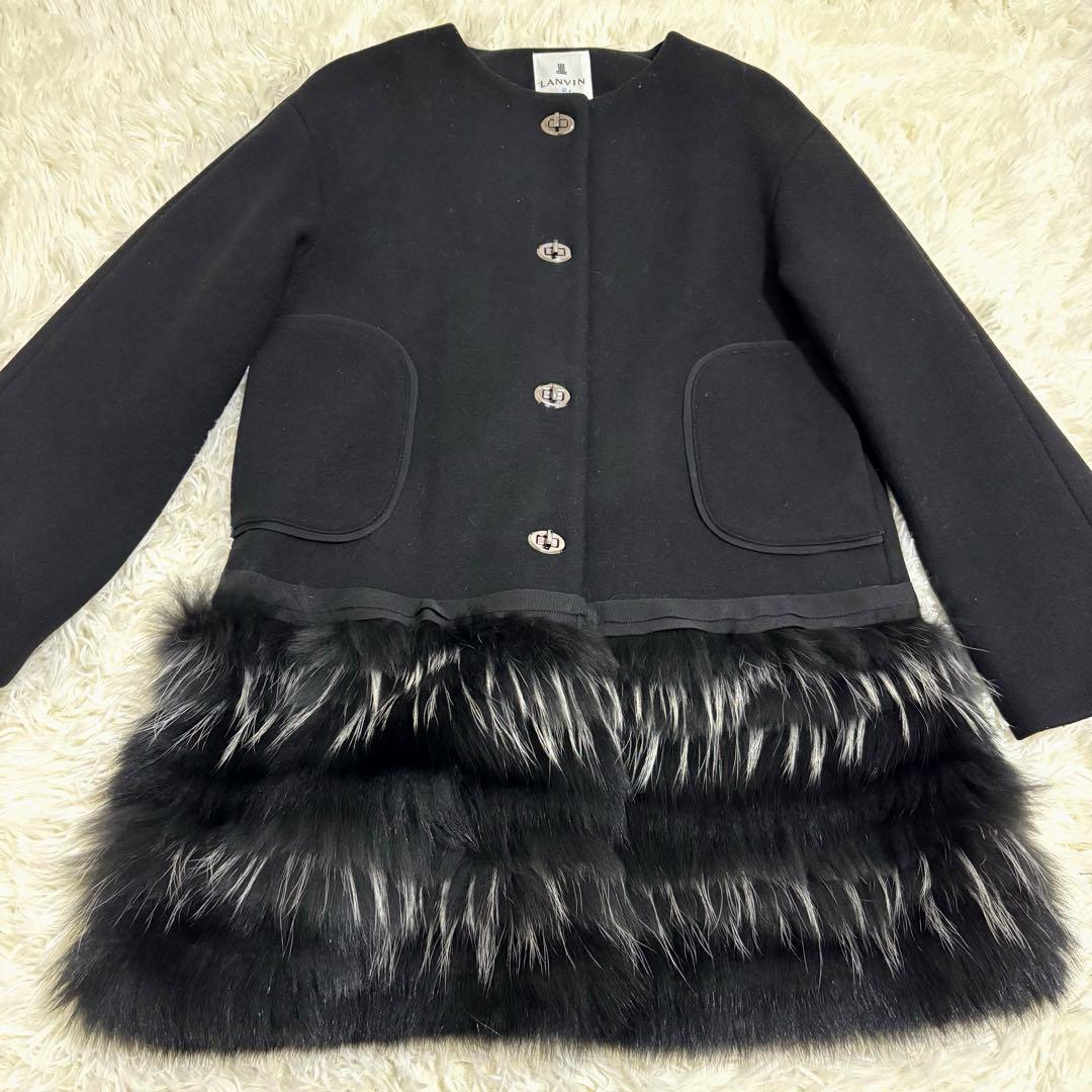 【極美品】LANVIN en Bleu ノーカラー ファー コート ブラック