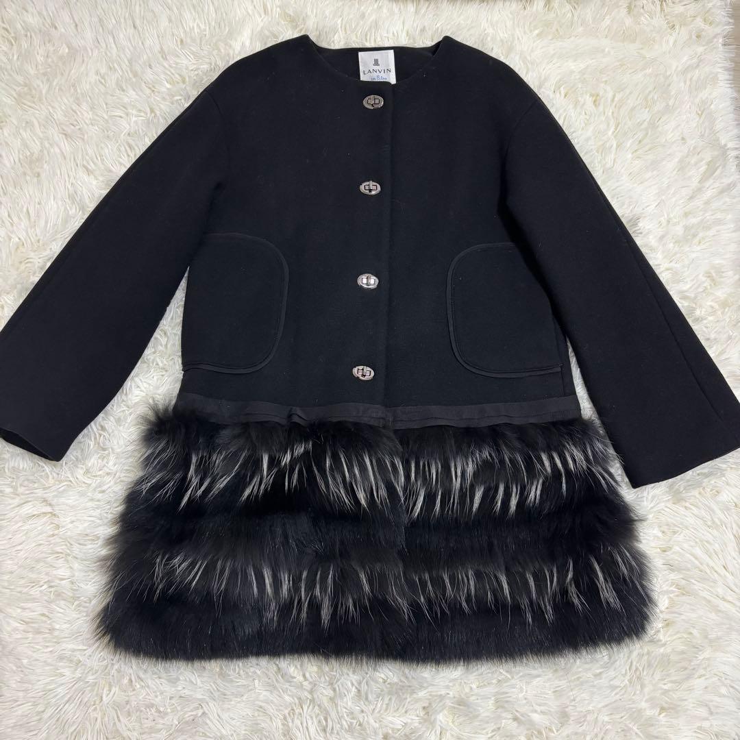 【極美品】LANVIN en Bleu ノーカラー ファー コート ブラック