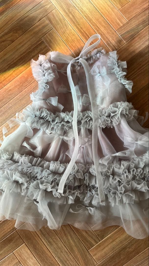 グレー フリル リボン付き チュールドレス