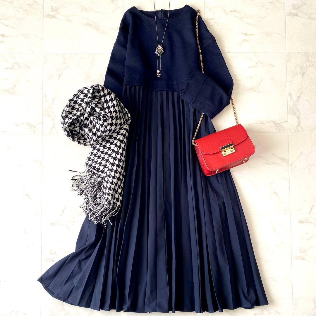 美品.定価3.2万☆ボールジィ ドッキングワンピース プリーツ 異素材 紺 36