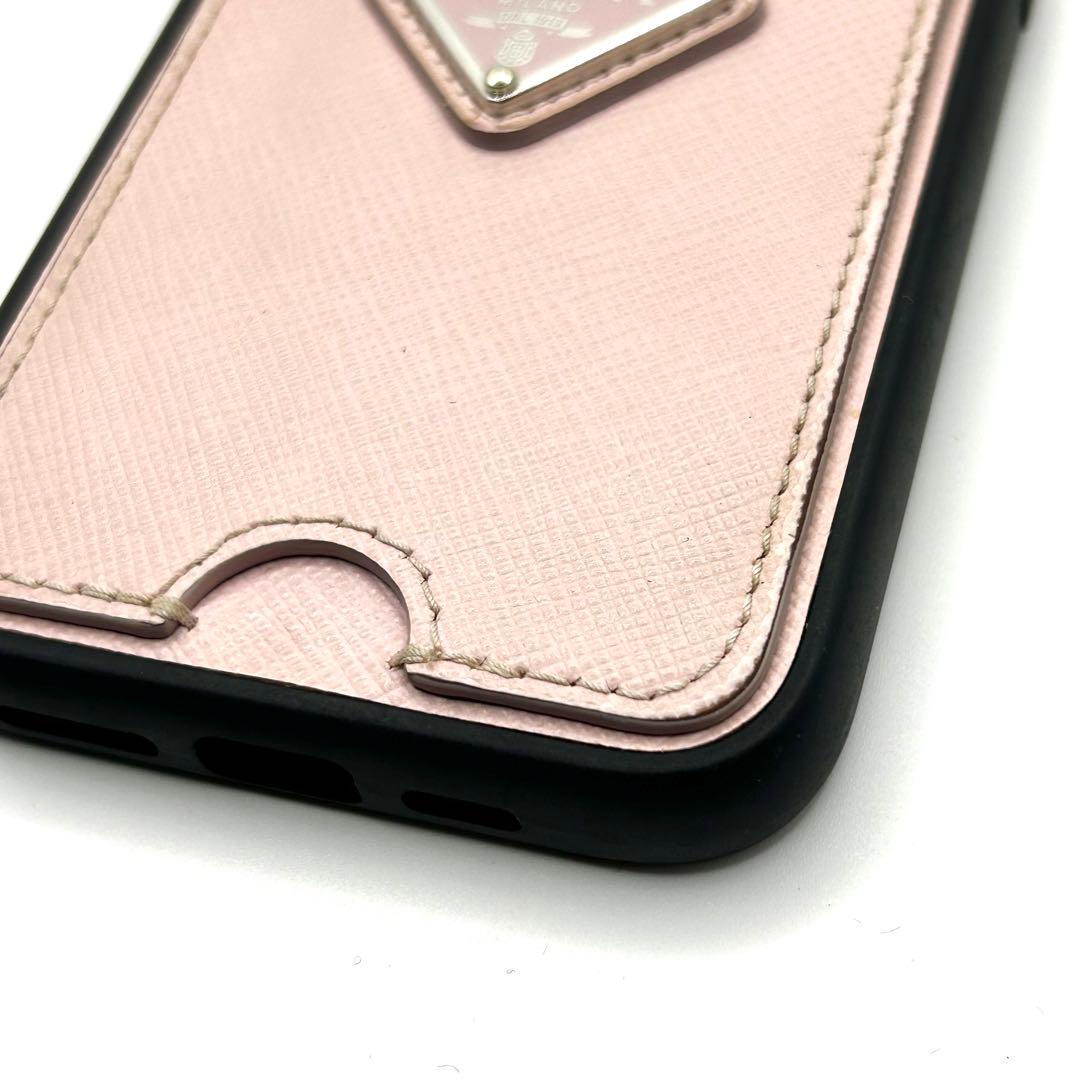 美品　PRADA iPhoneケース　14 ピンク　三角ロゴ　サフィアーノレザー