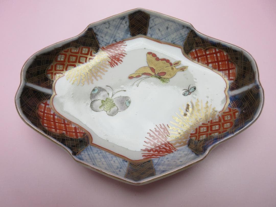 時代 色絵 菱形 蝶紋 刺身皿 向付 5客 アンティーク 古伊万里 70506