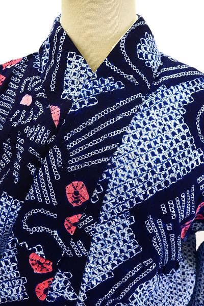 ★専用★未使用品 浴衣 有松絞り バチ衿 紺 花文 身丈156cm お洒落 夏