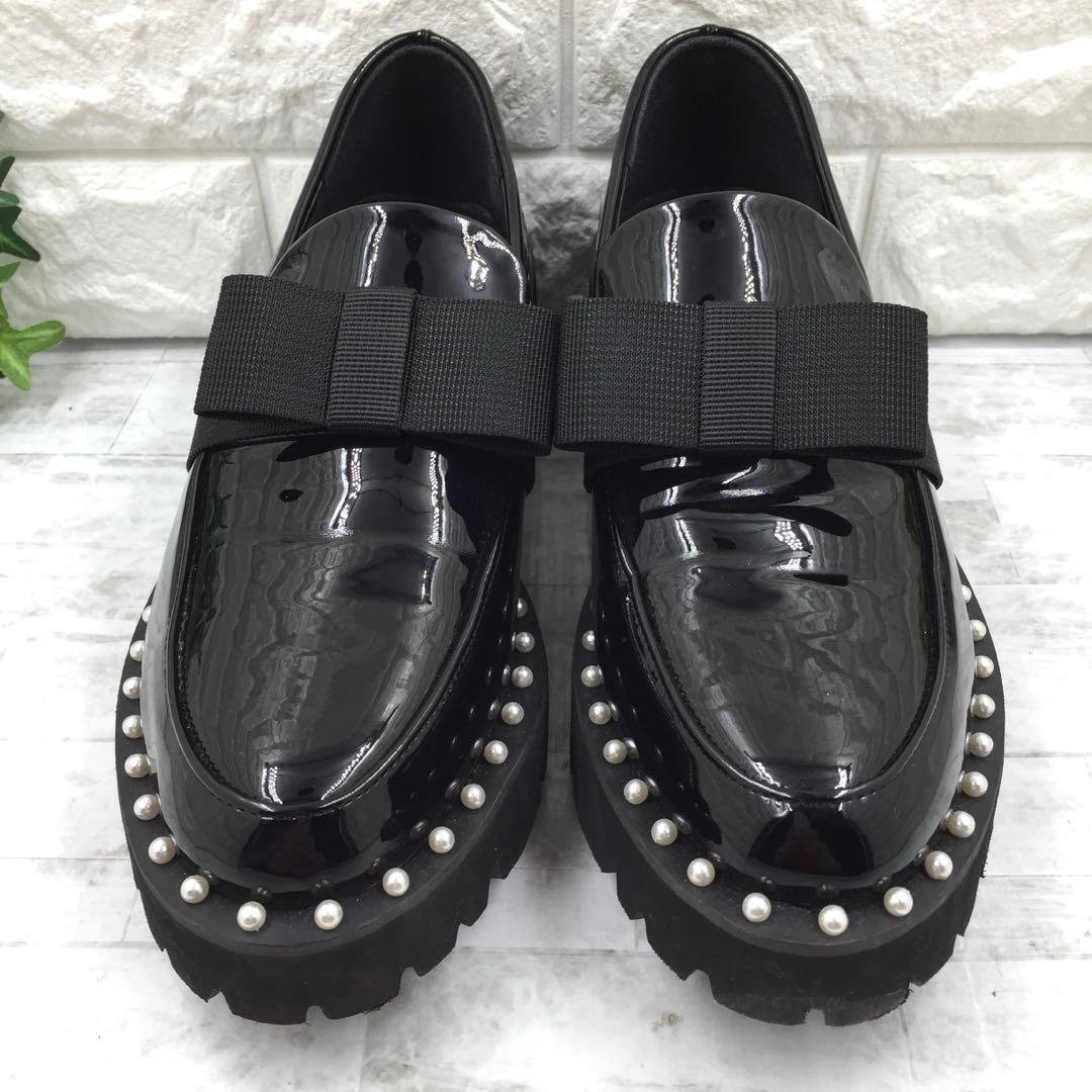 【美品】Akiron x Donoban パールリボンエナメルローファー 黒
