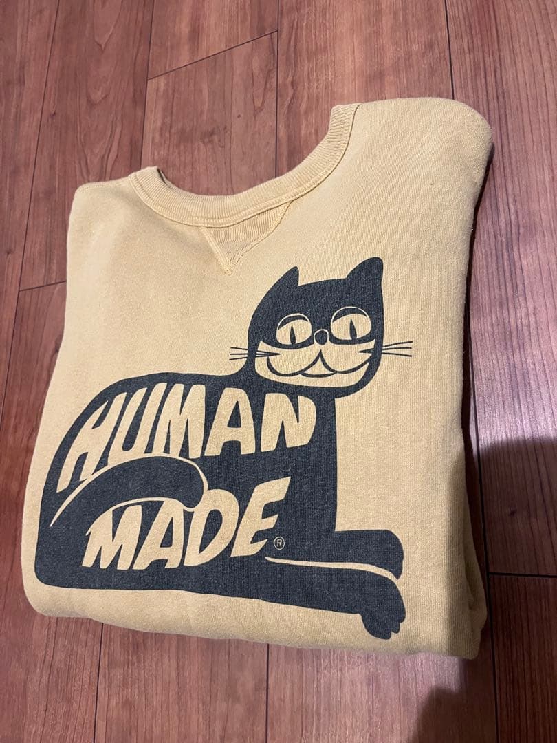 HUMAN MADE 希少　猫　スウェット　前V ビンテージ調　マスタード