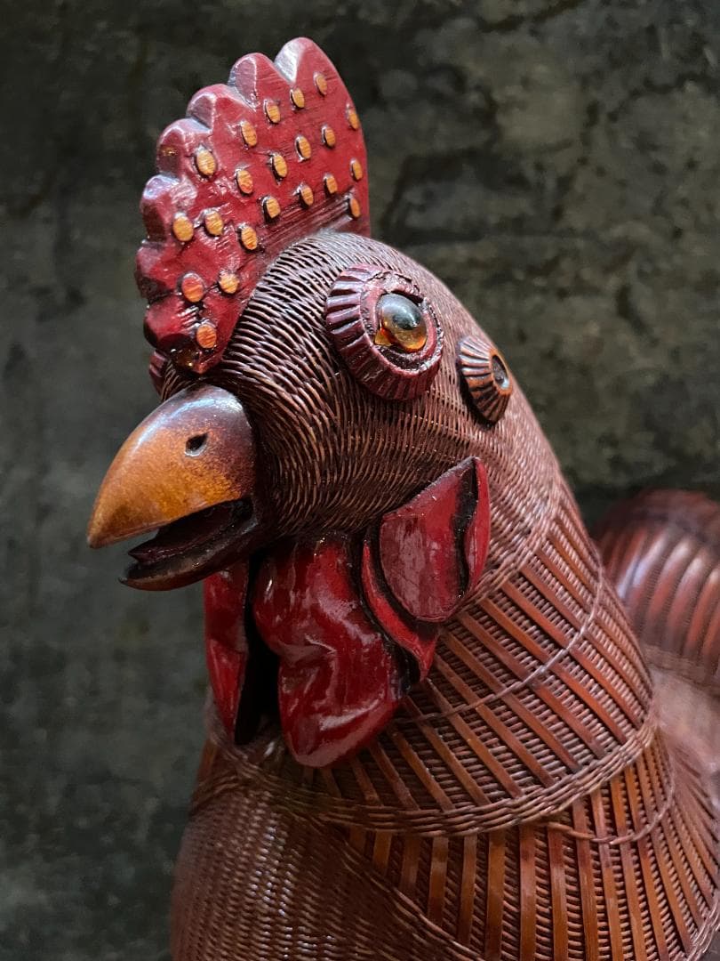 希少 1940's ヴィンテージ 上海伝統工芸 竹細工 雄鶏 ラタン オブジェ
