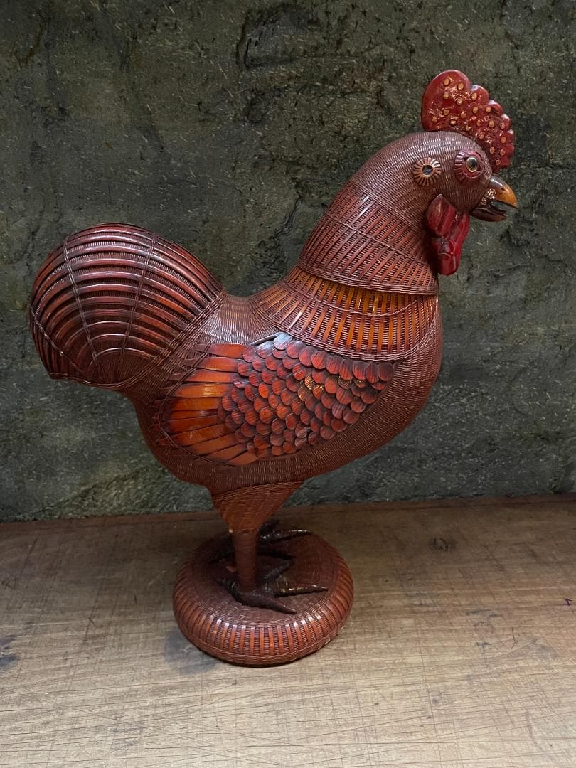 希少 1940's ヴィンテージ 上海伝統工芸 竹細工 雄鶏 ラタン オブジェ