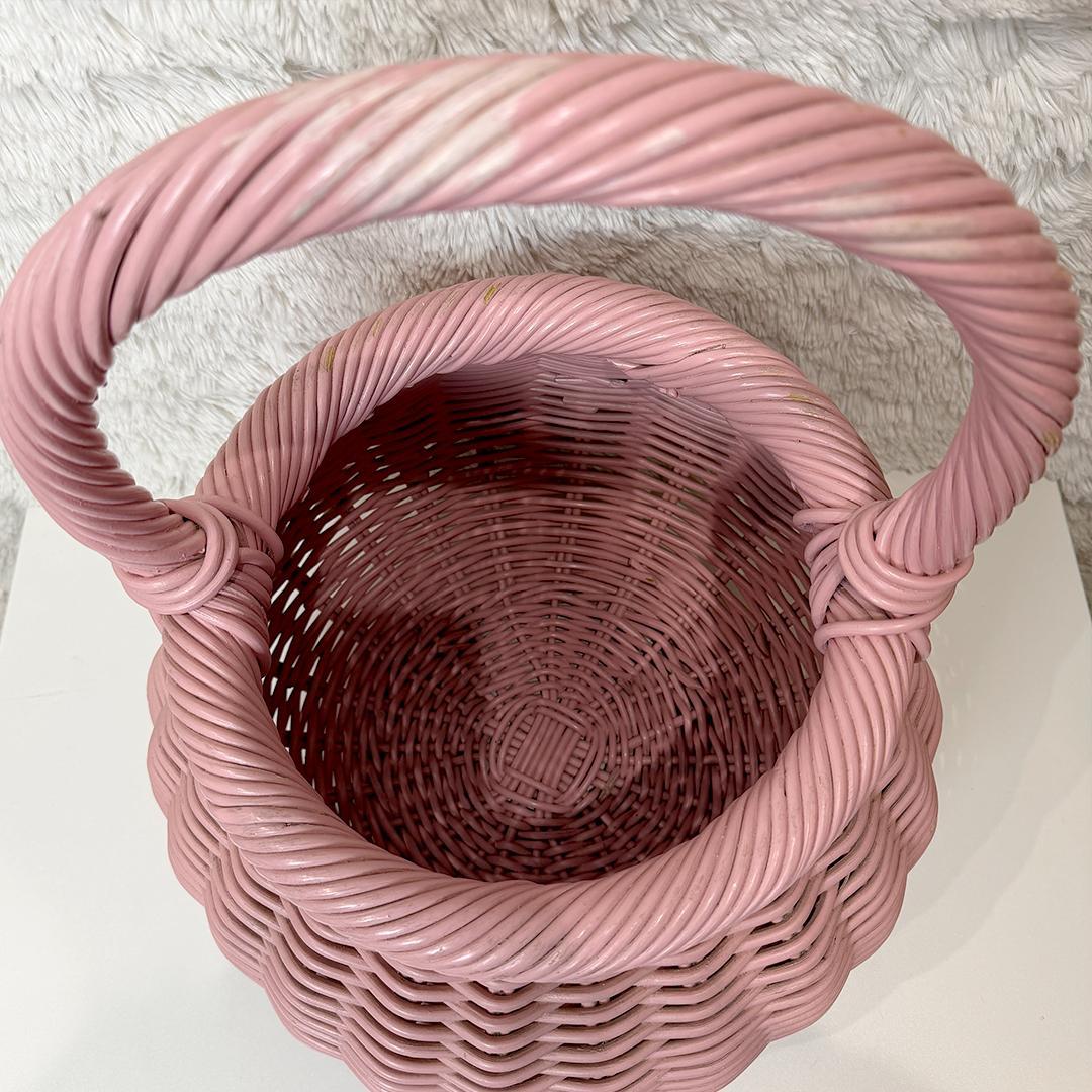 【希少】 ビッグサイズ ラタンバスケット かご ピンク 昭和レトロ インテリア