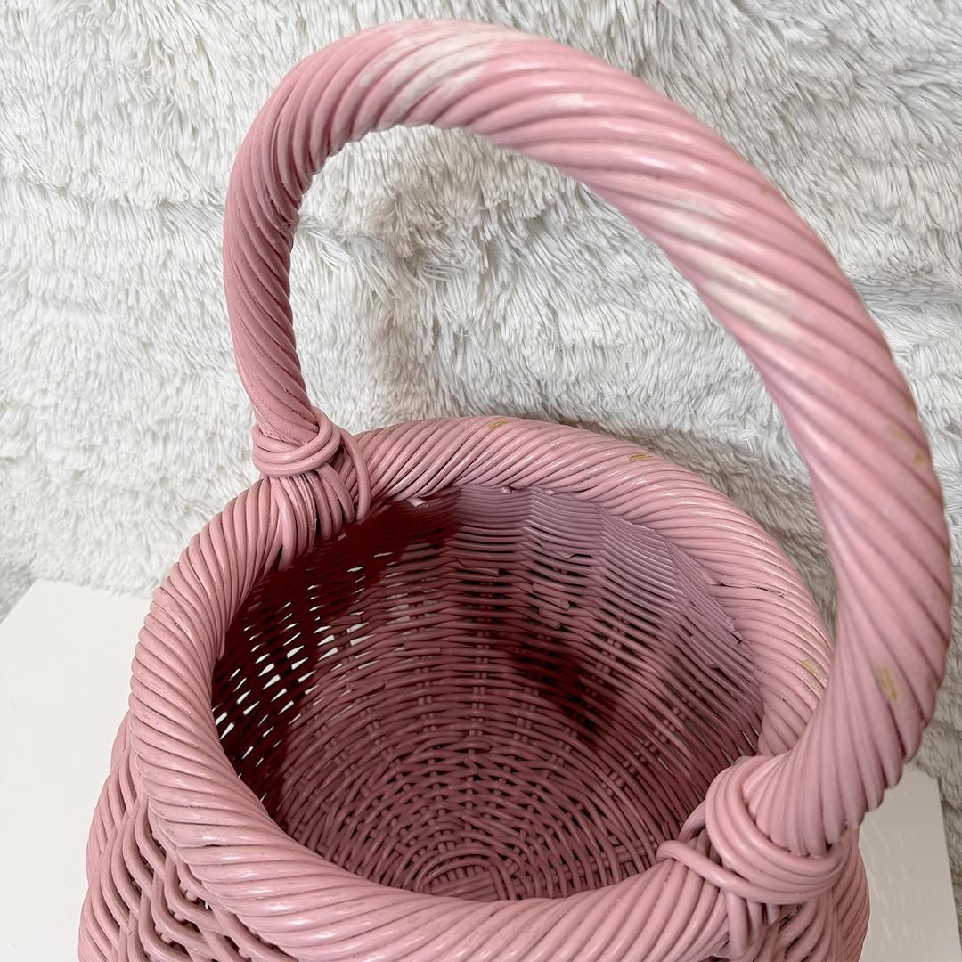 【希少】 ビッグサイズ ラタンバスケット かご ピンク 昭和レトロ インテリア