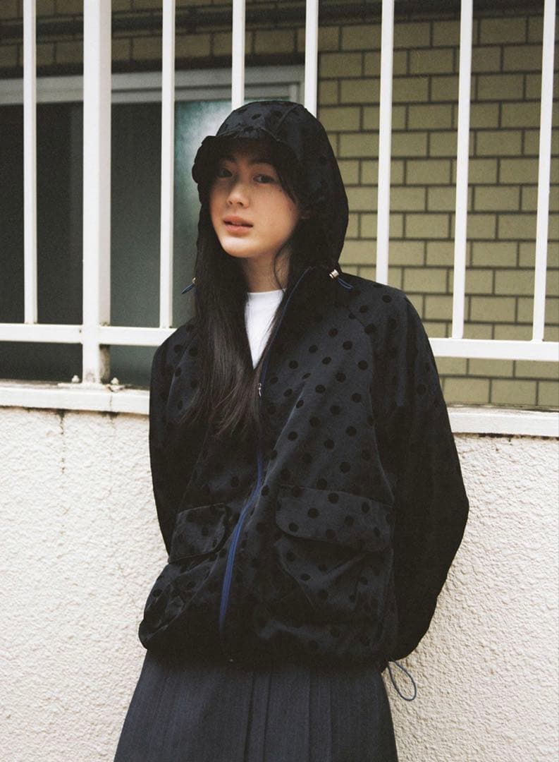 OHESHIO ドット フリル フード ウィンドブレーカー ジャンパー