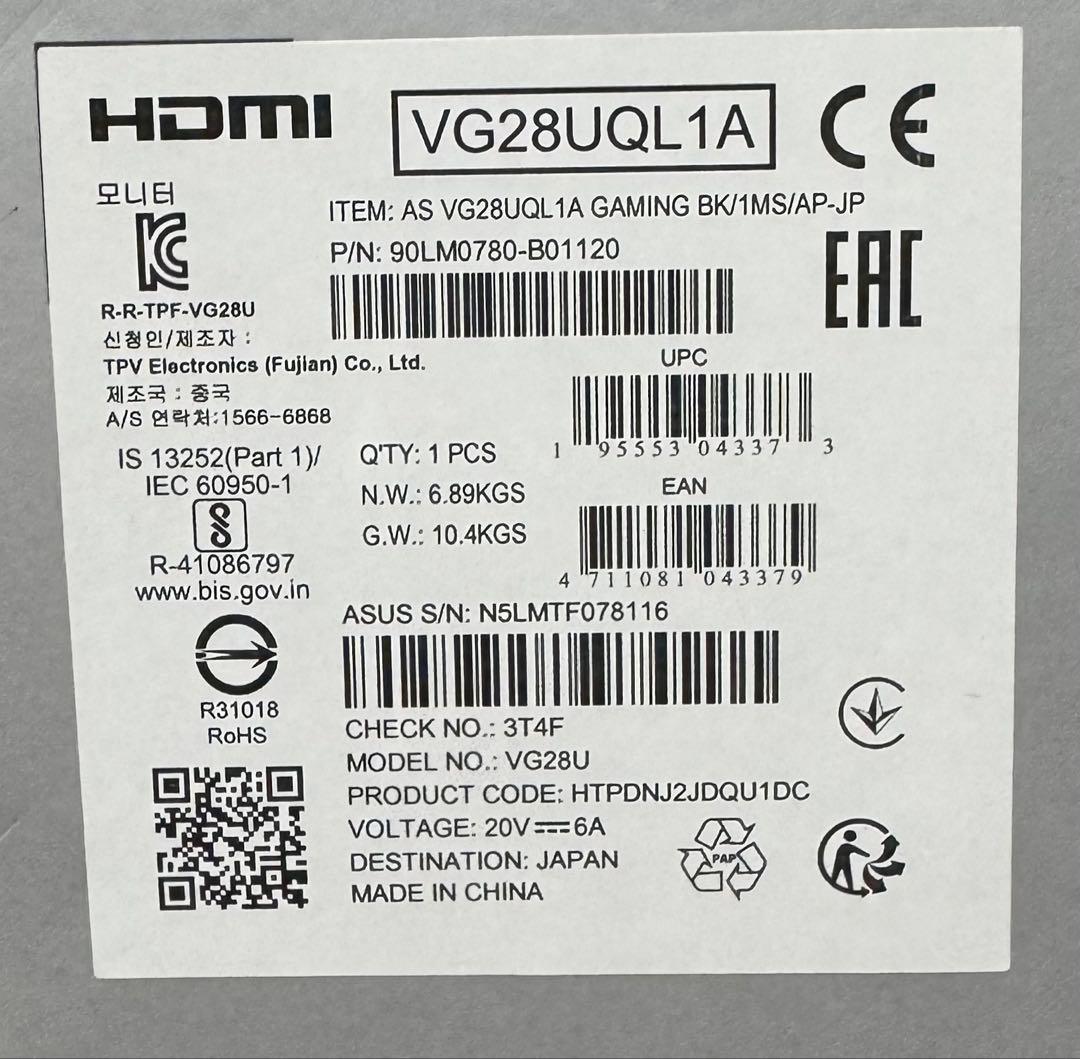 ASUS TUF Gaming 4K 144Hz VG28UQL1A 28インチ