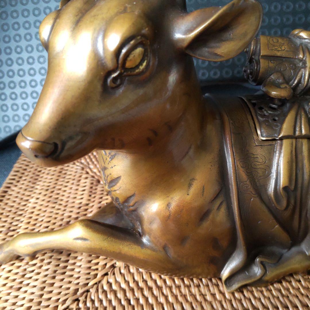 アンティーク！高岡銅器！金工師宗信造 蝋型 銅製鹿香炉！経年美品！