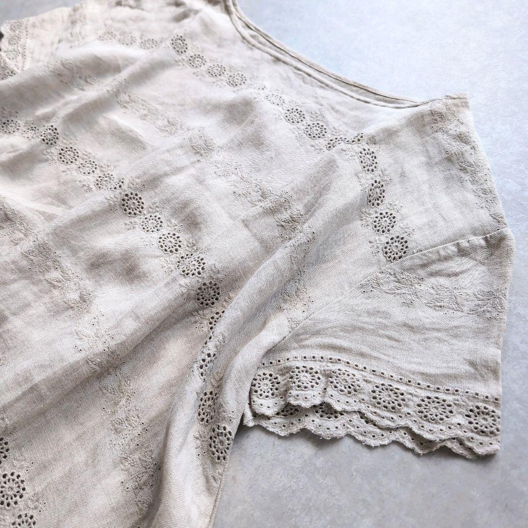 美品✨ 45R リネン天竺ワンピース カットワーク 膝丈 キナリサイズ0