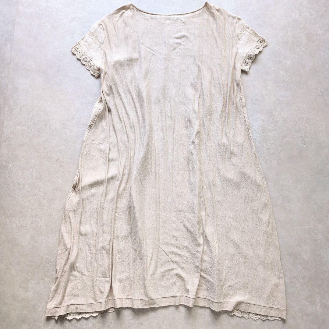 美品✨ 45R リネン天竺ワンピース カットワーク 膝丈 キナリサイズ0