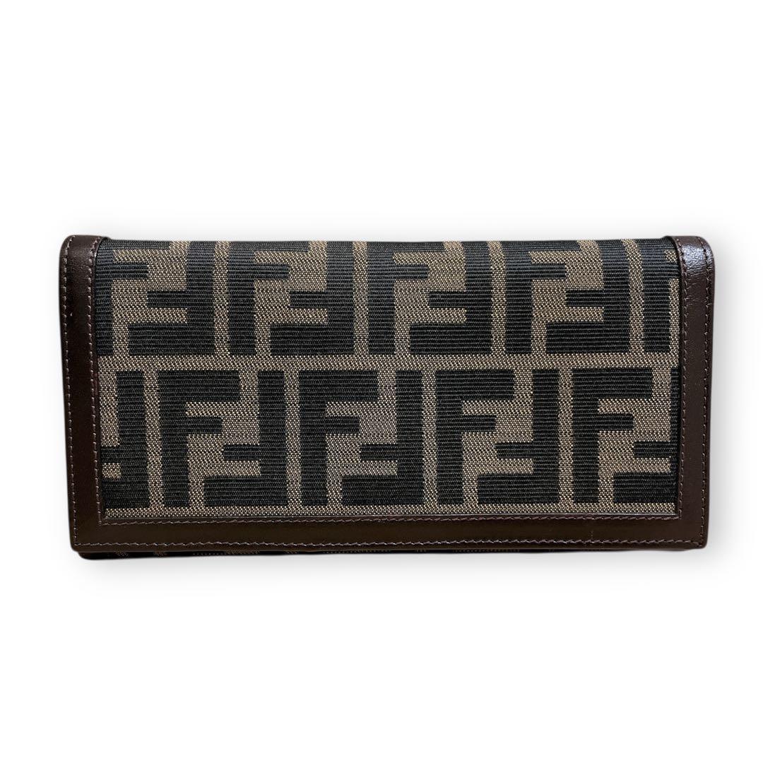 【美品】FENDI 長財布 ズッカ キャンバス ロゴ FF レザー ブラウン